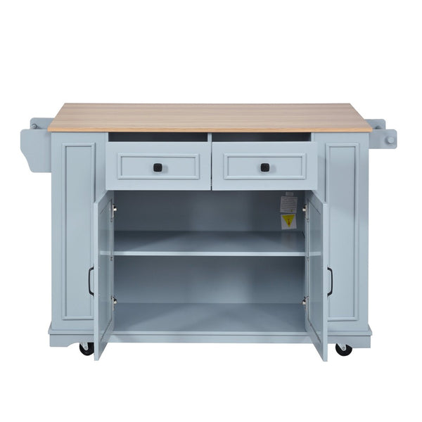 English Elm 54" Farmhouse Rolling Kitchen Island Solid Wood Cart with Glass Cabinet and Power Outlet Blue Gray N767P417396E