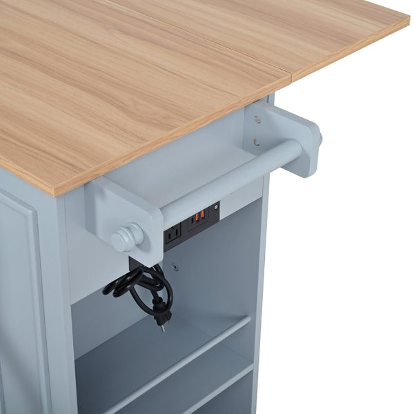 English Elm 54" Farmhouse Rolling Kitchen Island Solid Wood Cart with Glass Cabinet and Power Outlet Blue Gray N767P417396E