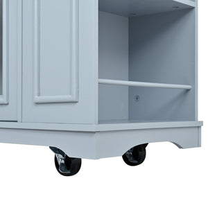 English Elm 54" Farmhouse Rolling Kitchen Island Solid Wood Cart with Glass Cabinet and Power Outlet Blue Gray N767P417396E