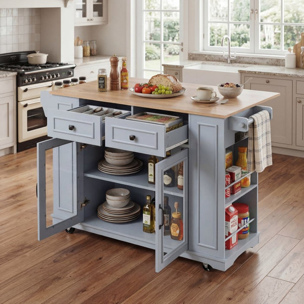 English Elm 54" Farmhouse Rolling Kitchen Island Solid Wood Cart with Glass Cabinet and Power Outlet Blue Gray N767P417396E