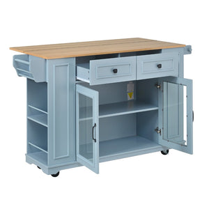 English Elm 54" Farmhouse Rolling Kitchen Island Solid Wood Cart with Glass Cabinet and Power Outlet Blue Gray N767P417396E