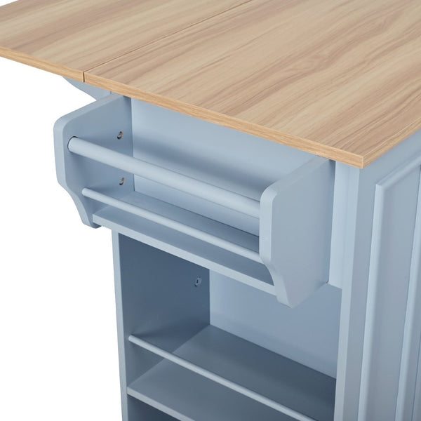English Elm 54" Farmhouse Rolling Kitchen Island Solid Wood Cart with Glass Cabinet and Power Outlet Blue Gray N767P417396E