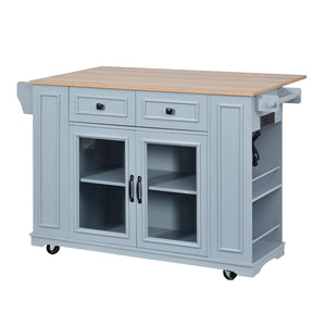 English Elm 54" Farmhouse Rolling Kitchen Island Solid Wood Cart with Glass Cabinet and Power Outlet Blue Gray N767P417396E
