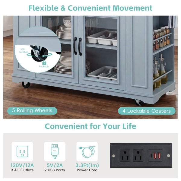 English Elm 54" Farmhouse Rolling Kitchen Island Solid Wood Cart with Glass Cabinet and Power Outlet Blue Gray N767P417396E