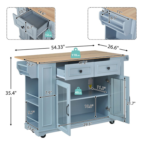 English Elm 54" Farmhouse Rolling Kitchen Island Solid Wood Cart with Glass Cabinet and Power Outlet Blue Gray N767P417396E