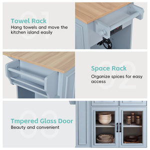 English Elm 54" Farmhouse Rolling Kitchen Island Solid Wood Cart with Glass Cabinet and Power Outlet Blue Gray N767P417396E