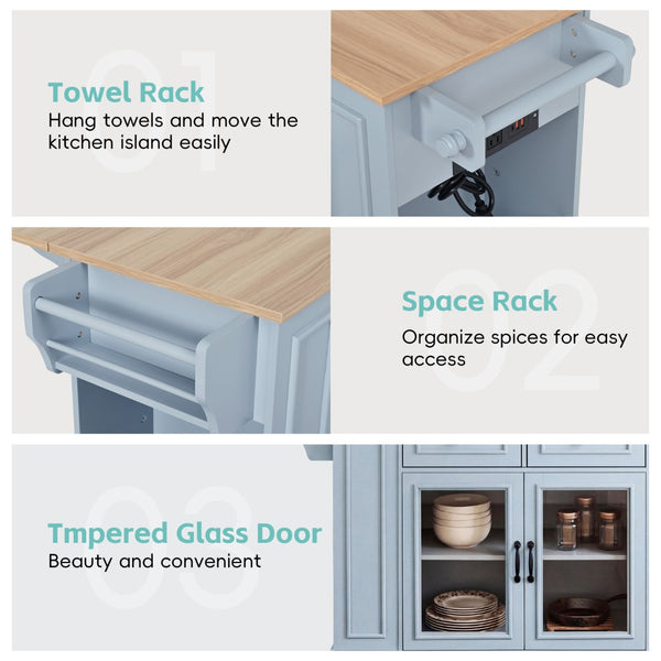 English Elm 54" Farmhouse Rolling Kitchen Island Solid Wood Cart with Glass Cabinet and Power Outlet Blue Gray N767P417396E
