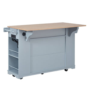 English Elm 54" Farmhouse Rolling Kitchen Island Solid Wood Cart with Glass Cabinet and Power Outlet Blue Gray N767P417396E