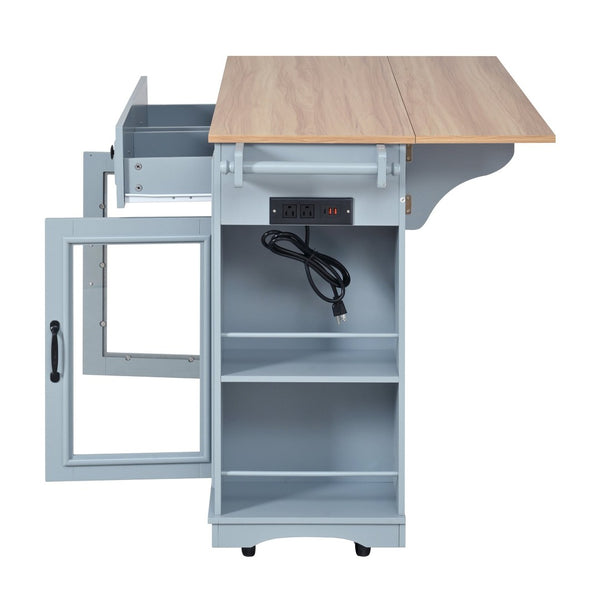 English Elm 54" Farmhouse Rolling Kitchen Island Solid Wood Cart with Glass Cabinet and Power Outlet Blue Gray N767P417396E