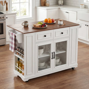 English Elm 54" Farmhouse Rolling Kitchen Island Solid Wood Cart with Glass Cabinet and Power Outlet White+Walnut N767P417396W