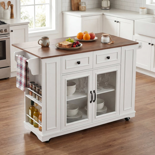 English Elm 54" Farmhouse Rolling Kitchen Island Solid Wood Cart with Glass Cabinet and Power Outlet White+Walnut N767P417396W