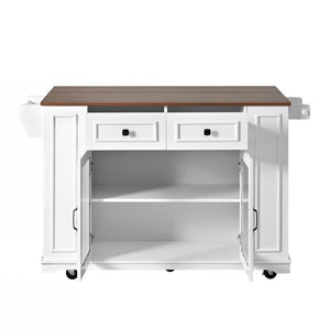 English Elm 54" Farmhouse Rolling Kitchen Island Solid Wood Cart with Glass Cabinet and Power Outlet White+Walnut N767P417396W