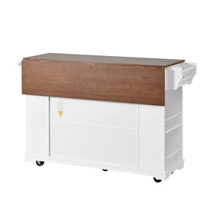 English Elm 54" Farmhouse Rolling Kitchen Island Solid Wood Cart with Glass Cabinet and Power Outlet White+Walnut N767P417396W