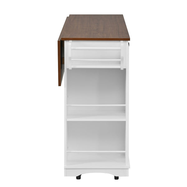 English Elm 54" Farmhouse Rolling Kitchen Island Solid Wood Cart with Glass Cabinet and Power Outlet White+Walnut N767P417396W
