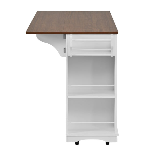 English Elm 54" Farmhouse Rolling Kitchen Island Solid Wood Cart with Glass Cabinet and Power Outlet White+Walnut N767P417396W