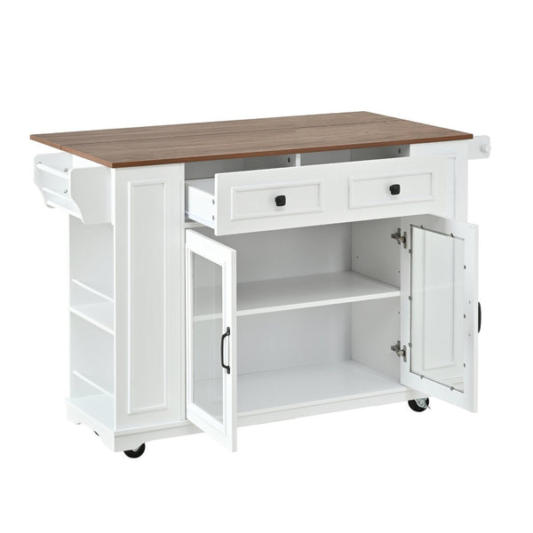 English Elm 54" Farmhouse Rolling Kitchen Island Solid Wood Cart with Glass Cabinet and Power Outlet White+Walnut N767P417396W