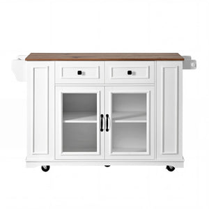 English Elm 54" Farmhouse Rolling Kitchen Island Solid Wood Cart with Glass Cabinet and Power Outlet White+Walnut N767P417396W