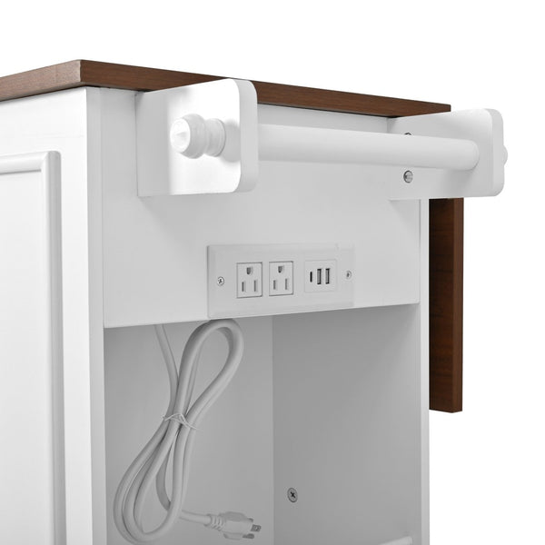 English Elm 54" Farmhouse Rolling Kitchen Island Solid Wood Cart with Glass Cabinet and Power Outlet White+Walnut N767P417396W