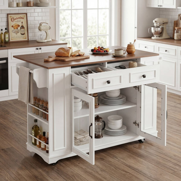 English Elm 54" Farmhouse Rolling Kitchen Island Solid Wood Cart with Glass Cabinet and Power Outlet White+Walnut N767P417396W