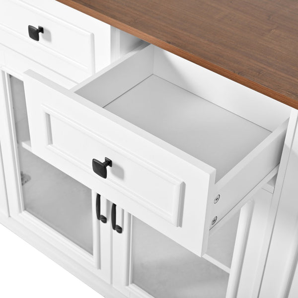 English Elm 54" Farmhouse Rolling Kitchen Island Solid Wood Cart with Glass Cabinet and Power Outlet White+Walnut N767P417396W