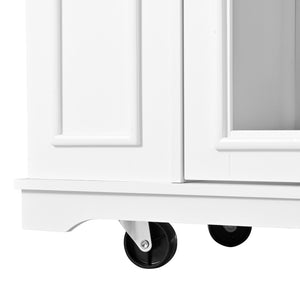 English Elm 54" Farmhouse Rolling Kitchen Island Solid Wood Cart with Glass Cabinet and Power Outlet White+Walnut N767P417396W