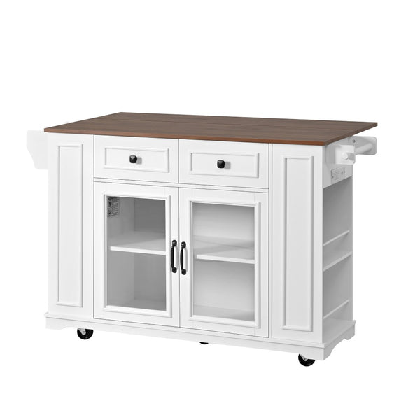 English Elm 54" Farmhouse Rolling Kitchen Island Solid Wood Cart with Glass Cabinet and Power Outlet White+Walnut N767P417396W