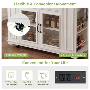 English Elm 54" Farmhouse Rolling Kitchen Island Solid Wood Cart with Glass Cabinet and Power Outlet White+Walnut N767P417396W