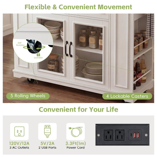 English Elm 54" Farmhouse Rolling Kitchen Island Solid Wood Cart with Glass Cabinet and Power Outlet White+Walnut N767P417396W
