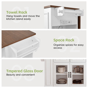English Elm 54" Farmhouse Rolling Kitchen Island Solid Wood Cart with Glass Cabinet and Power Outlet White+Walnut N767P417396W