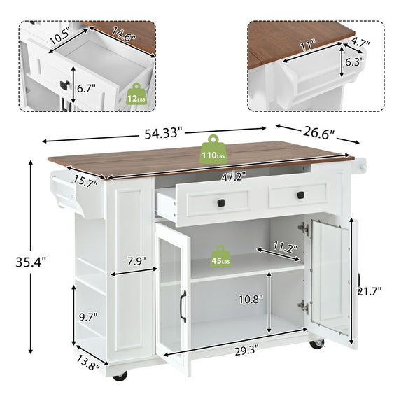 English Elm 54" Farmhouse Rolling Kitchen Island Solid Wood Cart with Glass Cabinet and Power Outlet White+Walnut N767P417396W
