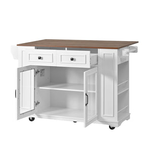 English Elm 54" Farmhouse Rolling Kitchen Island Solid Wood Cart with Glass Cabinet and Power Outlet White+Walnut N767P417396W