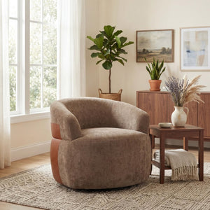 English Elm 360° Swivel Barrel Accent Chair Polyester and PU Leather Padded Seat for Living Room Brown N767P422941B