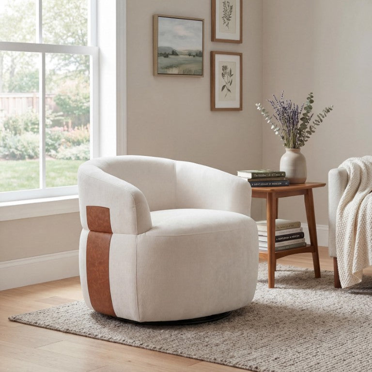 English Elm 360° Swivel Barrel Accent Chair Polyester and PU Leather Padded Seat for Living Room White N767P422941W