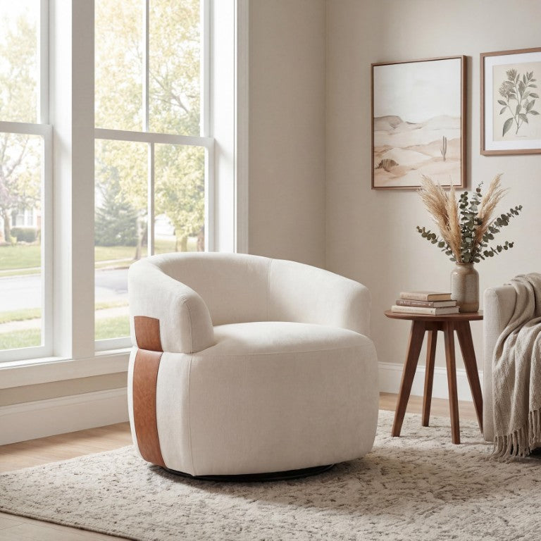 English Elm 360° Swivel Barrel Accent Chair Polyester and PU Leather Padded Seat for Living Room White N767P422941W