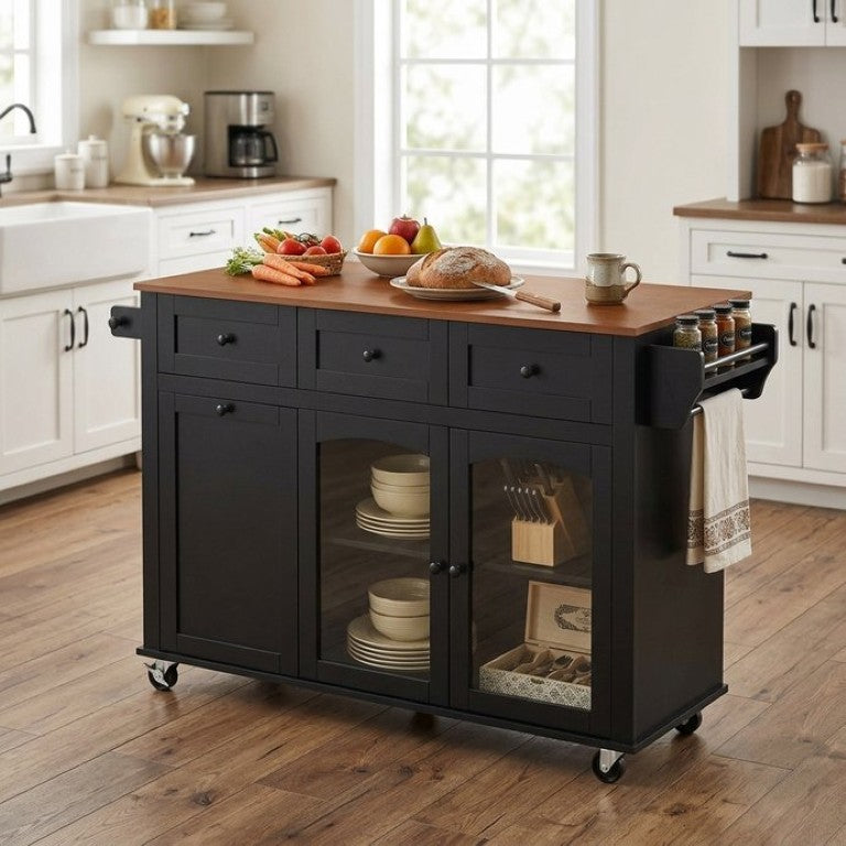 English Elm 54.2 Rolling Kitchen Island with Glass Cabinet Open Shelves and Built in Prep Station N767P426850B