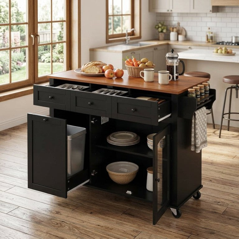 English Elm 54.2 Rolling Kitchen Island with Glass Cabinet Open Shelves and Built in Prep Station N767P426850B