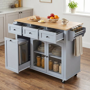 English Elm 54.2 Inch Rolling Kitchen Island with Glass Cabinet Open Shelves and Built in Prep Storage Blue Gray N767P426850E