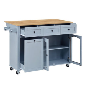 English Elm 54.2 Inch Rolling Kitchen Island with Glass Cabinet Open Shelves and Built in Prep Storage Blue Gray N767P426850E
