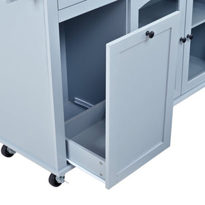 English Elm 54.2 Inch Rolling Kitchen Island with Glass Cabinet Open Shelves and Built in Prep Storage Blue Gray N767P426850E