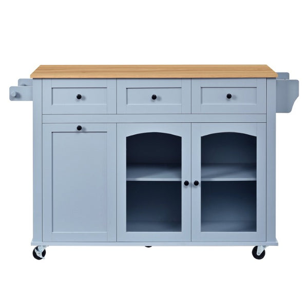 English Elm 54.2 Inch Rolling Kitchen Island with Glass Cabinet Open Shelves and Built in Prep Storage Blue Gray N767P426850E