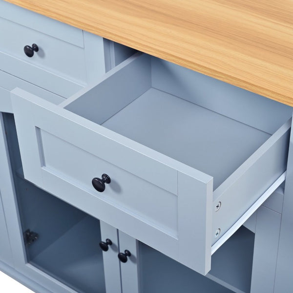 English Elm 54.2 Inch Rolling Kitchen Island with Glass Cabinet Open Shelves and Built in Prep Storage Blue Gray N767P426850E