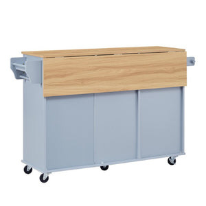 English Elm 54.2 Inch Rolling Kitchen Island with Glass Cabinet Open Shelves and Built in Prep Storage Blue Gray N767P426850E