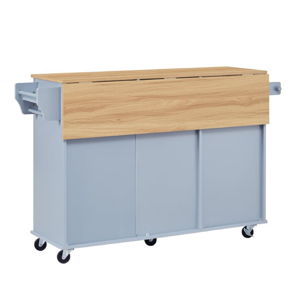 English Elm 54.2 Inch Rolling Kitchen Island with Glass Cabinet Open Shelves and Built in Prep Storage Blue Gray N767P426850E