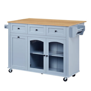 English Elm 54.2 Inch Rolling Kitchen Island with Glass Cabinet Open Shelves and Built in Prep Storage Blue Gray N767P426850E