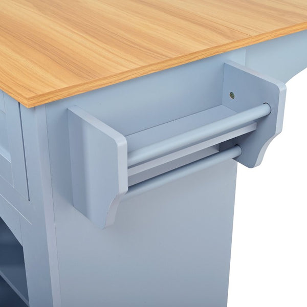 English Elm 54.2 Inch Rolling Kitchen Island with Glass Cabinet Open Shelves and Built in Prep Storage Blue Gray N767P426850E