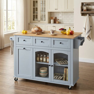 English Elm 54.2 Inch Rolling Kitchen Island with Glass Cabinet Open Shelves and Built in Prep Storage Blue Gray N767P426850E