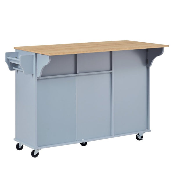 English Elm 54.2 Inch Rolling Kitchen Island with Glass Cabinet Open Shelves and Built in Prep Storage Blue Gray N767P426850E