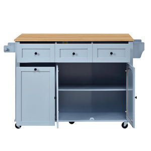 English Elm 54.2 Inch Rolling Kitchen Island with Glass Cabinet Open Shelves and Built in Prep Storage Blue Gray N767P426850E