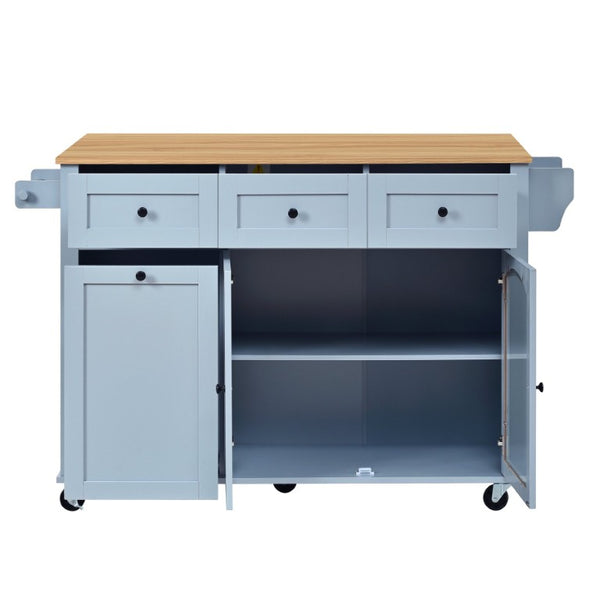 English Elm 54.2 Inch Rolling Kitchen Island with Glass Cabinet Open Shelves and Built in Prep Storage Blue Gray N767P426850E