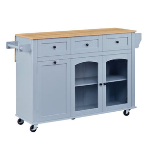 English Elm 54.2 Inch Rolling Kitchen Island with Glass Cabinet Open Shelves and Built in Prep Storage Blue Gray N767P426850E